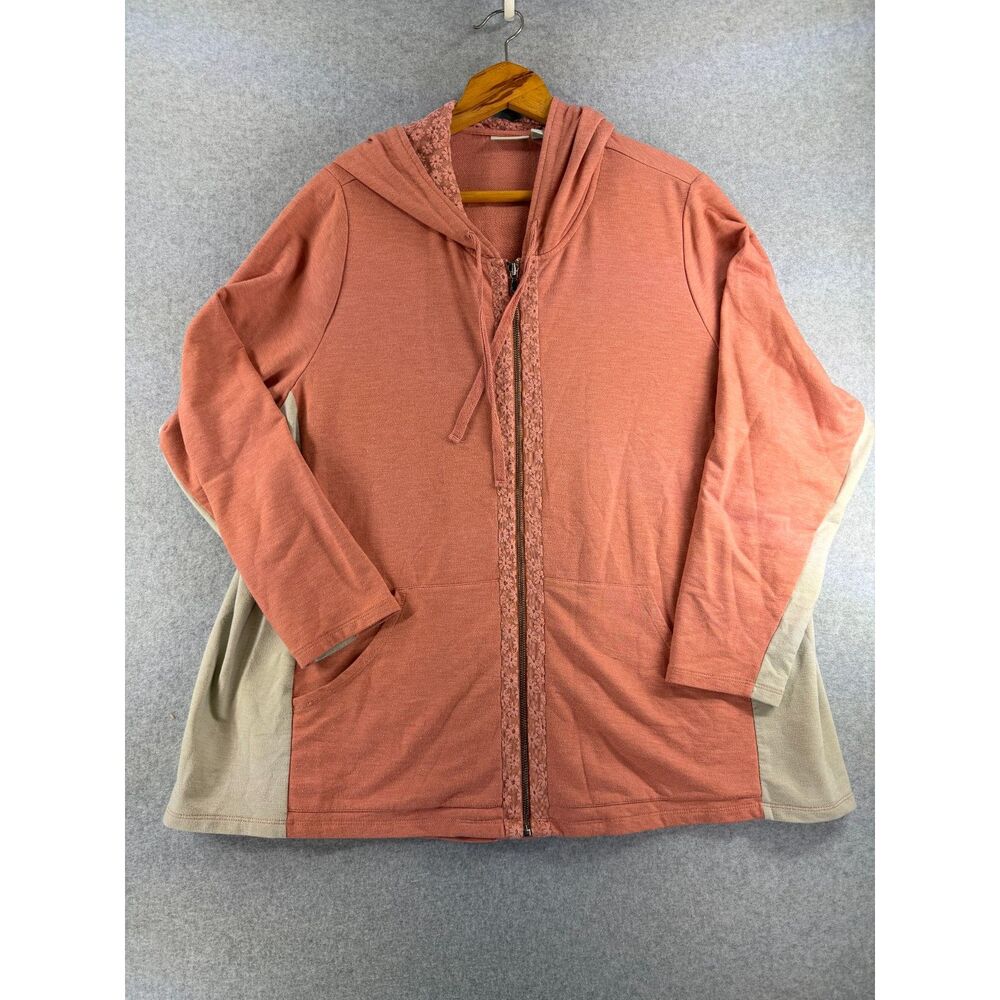 LOGO Lounge Lori Goldstein 2X Coral Lace Trim Zip Hooded Jacket Plus 3483